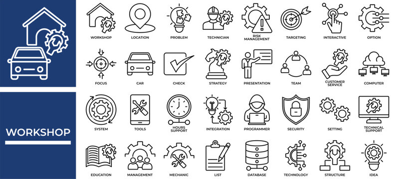 Workshop icon set collection. Containing database, labor, employment, planning, management, option, strategy .Line vector icons collection