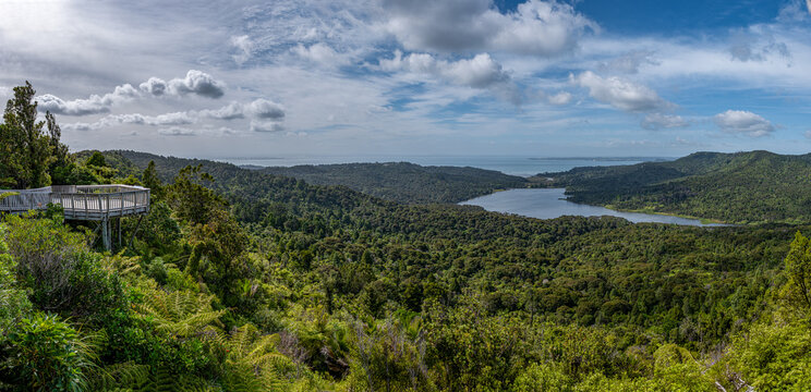 Blick von der Aussichtsplattform Arataki Visitor Centre auf den Lower Nihotupu Reservoir, Waitakere Ranges, Auckland, Neuseeland
