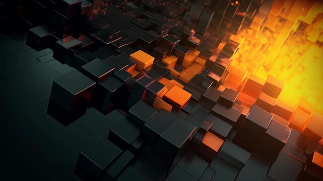 Abstract 3D cubes with glowing orange light and dark background