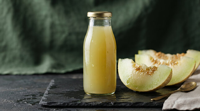 Bottle of melon juice with fresh fruit on slate background and soft focus greenery