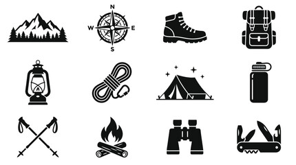 Fototapeta premium Camping and Hiking Icon Set Vector - Mountain, Compass, Boot, Backpack, Lantern, Tent, Campfire, Binoculars, Swiss Knife, Trekking Pole Clipart Black Silhouette for Outdoor Adventure