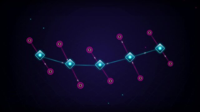Blockchain Identity Network: Glowing nodes and connected lines forming a digital data structure in motion