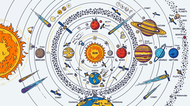 Solar system map displays planetary orbits and celestial bodies in a detailed scientific infographic.