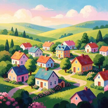 Colorful illustration of small village houses nestled in rolling green hills under soft blue sky. Winding paths connect charming homes surrounded by rich trees, blooming flowers. Peaceful countryside