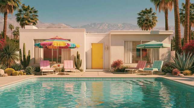 Desert Oasis Paradise: A stylish mid-century modern home with a sparkling blue swimming pool, colorful umbrellas, and lush desert landscaping, set against a backdrop of majestic mountains.