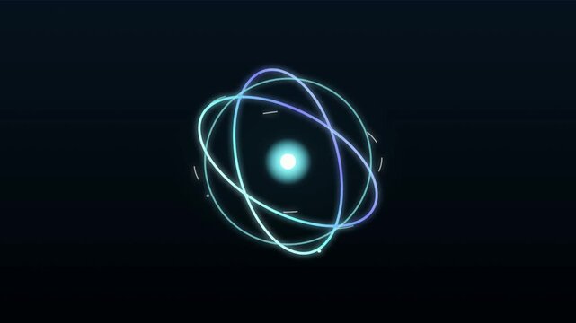 Glowing atomic structure particles orbiting central nucleus in vibrant neon light motion graphics
