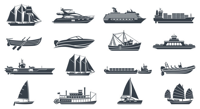 A flat illustration set of various water transport silhouettes a flat illustration