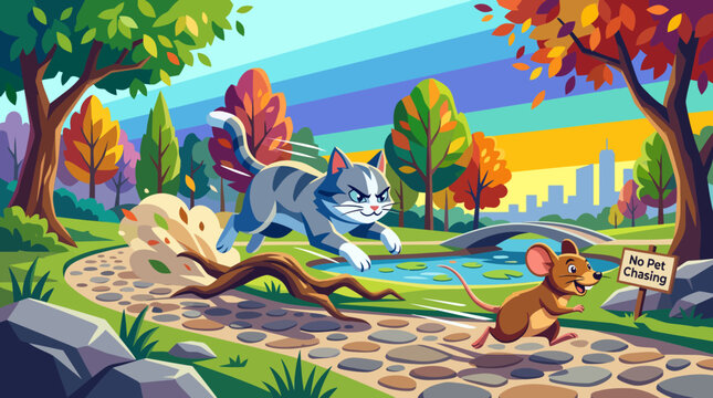 Playful original cartoon cat chasing cheerful mouse through beautiful city park, colorful trees, humorous action, energetic scene, vibrant vector illustration, premium background.