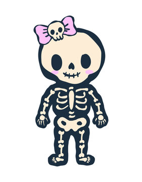 Charming and whimsical full-body cartoon skeleton character illustration, featuring a delightful pink bow with a cute skull detail, perfect for spooky season designs and playful Halloween themes