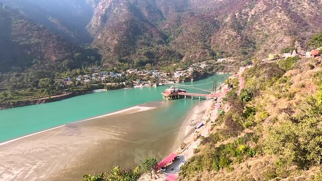 High Angle View Of Dhari Devi Temple On Emerald Alaknanda River