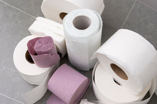 Rolls Of Toilet Paper Towels set top view. Roll on gray background.