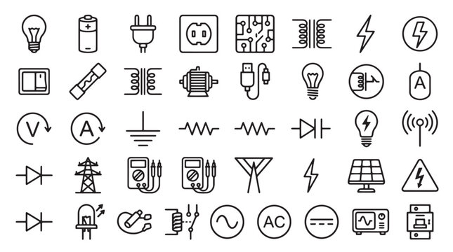 Minimalist electrical engineering icons set, 40 black line vector symbols of power and electronics, industrial circuit and energy components