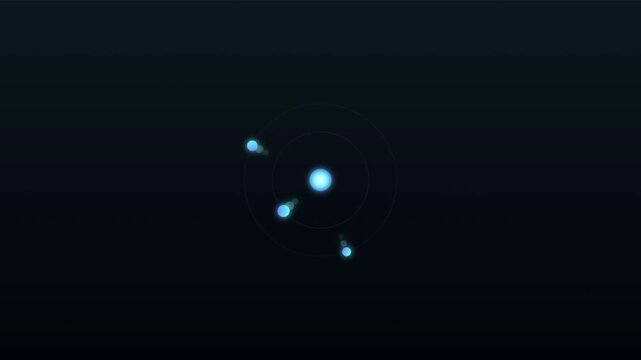Abstract atomic structure visualization featuring glowing blue nucleus and orbiting particles on dark background
