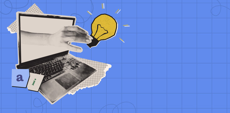 Trendy collage with halftone laptop, woman hand with lightbulb. Ai concept in contemporary style. Vintage vector illustration, retro artificial intelligence banner design, digital business technology