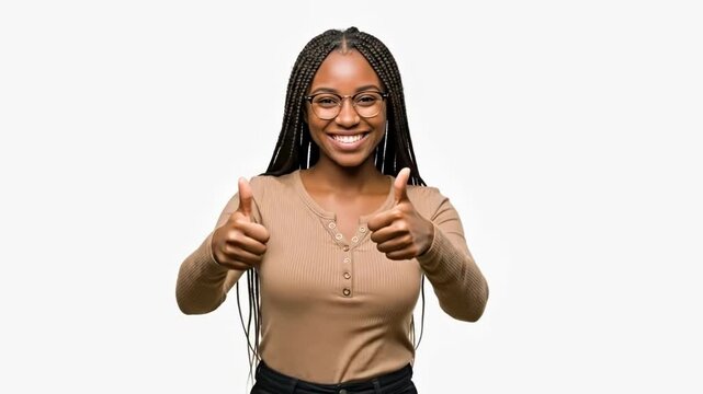 A cheerful young woman gesturing with double thumbs up against white background