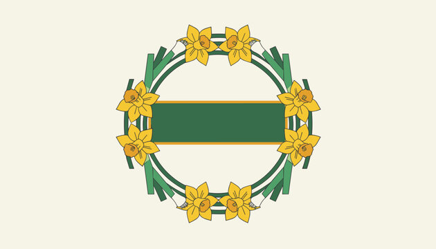 Elegant floral border featuring yellow daffodils and green leaves arranged in a circular frame with a central text banner.