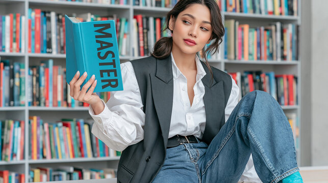 Bookworm's Haven: A young woman with a thoughtful expression holds a book titled MASTER, surrounded by the comforting presence of a vast library, signifying knowledge and aspiration.