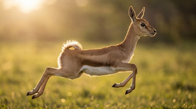 Close-up action shot capturing a young Chinkara fawn leaping gracefully in mid-air across a green grassy meadow at sunset.