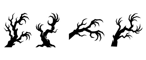 Fototapeta premium Spooky bare tree silhouette set with twisted branches for Halloween creepy forest horror decoration element vector illustration design