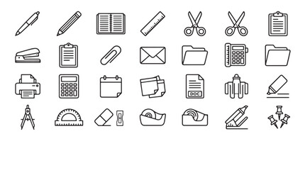 Fototapeta premium Minimalist office stationery icons set, 28 black line school supplies vector elements, professional business workspace equipment collection for web design
