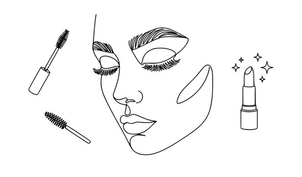 Cosmetic and beauty vector set, minimal linear woman portrait with eyelash extension mascara brush and lipstick