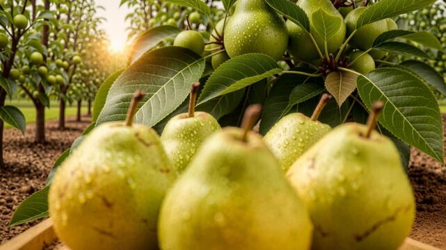 Fresh ripe pears with water droplets on green leaves in natural orchard setting