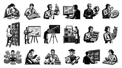Fototapeta premium Monochrome Line Art: Scientists, Researchers, and Students in Science, Education, and Laboratory Discovery Illustrations