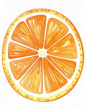 Hand drawn watercolor orange slice, isolated on white backdrop, fresh citrus fruit, minimal botanical illustration.