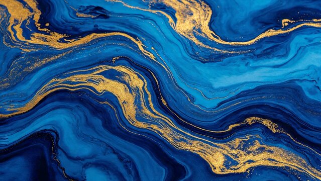 Abstract luxury blue and gold marble texture fluid art background with glitter accents