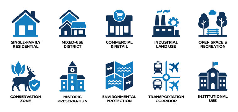 Set of urban planning and land use icons showing residential commercial and industrial development zones Minimal solid fill icon set bundle collection. Editable Vector Illustration Mega pack