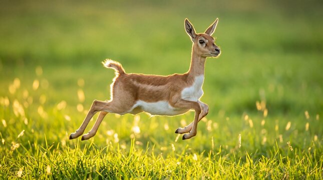 A young gazelle finds simple freedom in nature, running under a warm sunset sky with distinct lens flare.