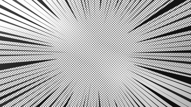 Dynamic Black and White Manga Style Radial Action Speed Lines Background with Halftone Dot Pattern Effect