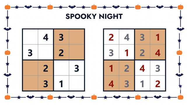 Easy classic 4x4 Halloween sudoku for kids with solution for kids worksheet
