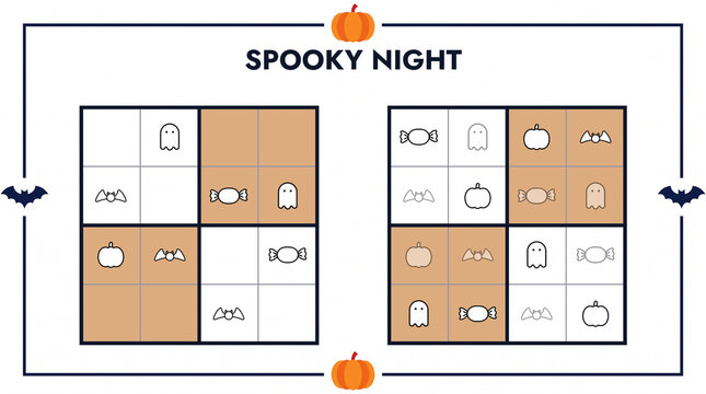 Easy visual 4x4 Halloween sudoku logic puzzle with solution for kids worksheet