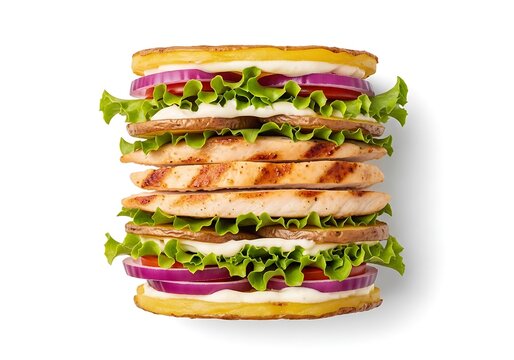 Deliciously layered grilled chicken sandwich stacked high with fresh ingredients on white