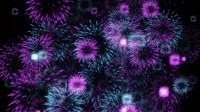 Vibrant blue and purple fireworks display on black background