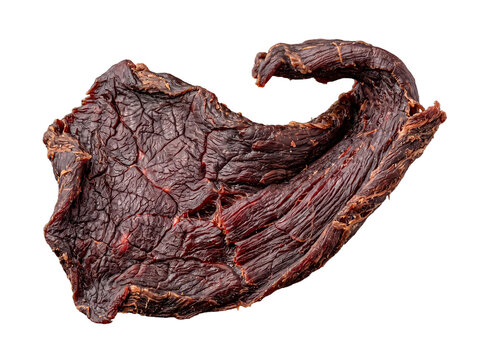 Irregularly shaped, flavorful beef jerky piece, detailed with rich texture.