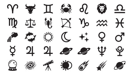 Fototapeta premium Zodiac signs and astrology symbols set, black celestial icons collection, 35 horoscope and astronomy vector elements for mystical design