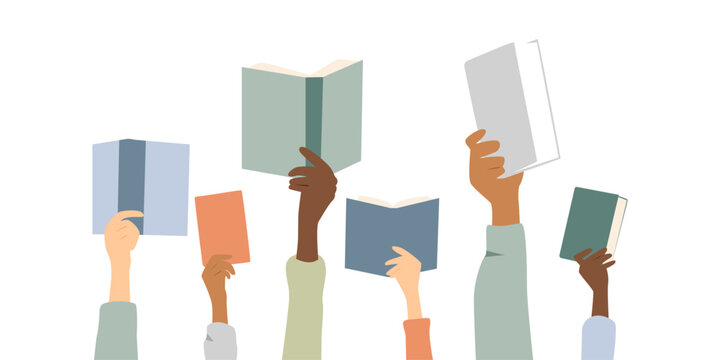 Hands holding books. Modern colourful design.	