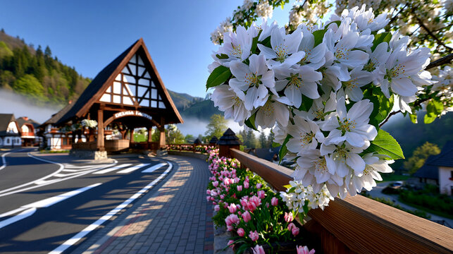 White apple blossoms bloom along a paved pathway with tulips and a timber-framed building in the background under a clear sky.