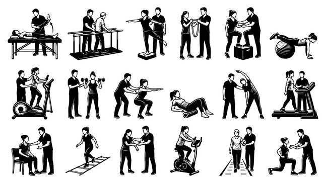 Monochrome Vector Line Art: Physical Therapy, Rehabilitation, and Fitness Exercises with Therapists  Patients
