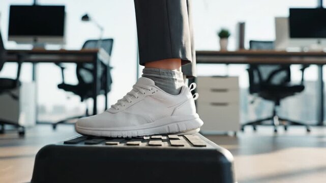 Office worker stepping on aerobic stepper, fitness break, modern workspace