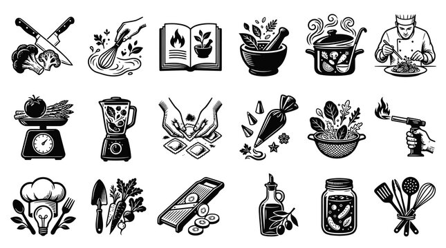 Food and Cooking Black and White Line Art Icons Set for Culinary Arts and Kitchen Utensils