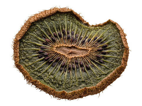 Macro view of a single dried kiwi fruit slice with a small bite mark, showcasing its unique texture.