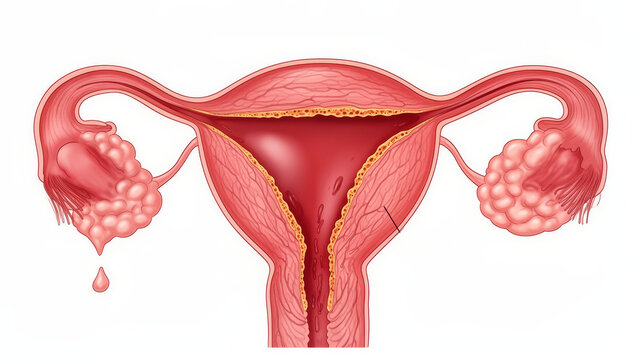 Ovarian Cyst concept , Hemorrhagic ovarian cyst with blood leakage near uterus and fallopian tubes, showing female