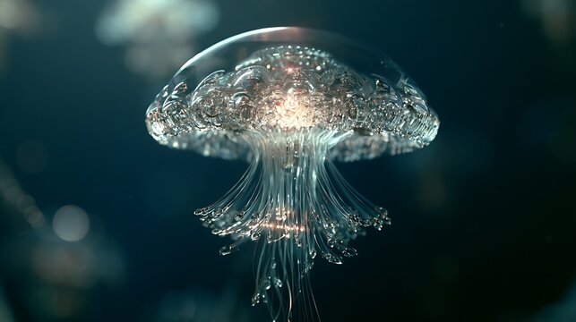 Beautiful translucent jellyfish swimming in the dark ocean depths.