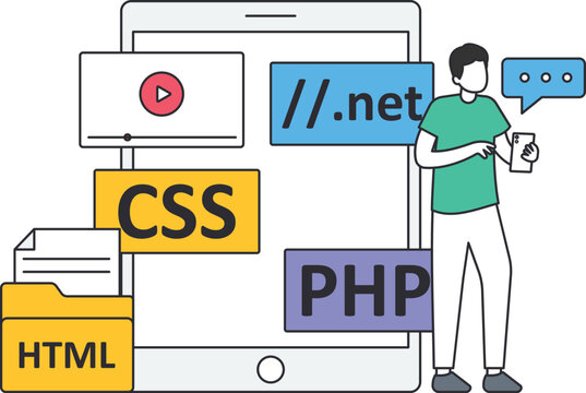 Web developer coding mobile app with programming languages. Software engineering concept with CSS PHP HTML. User interface design on smartphone screen for modern technology.