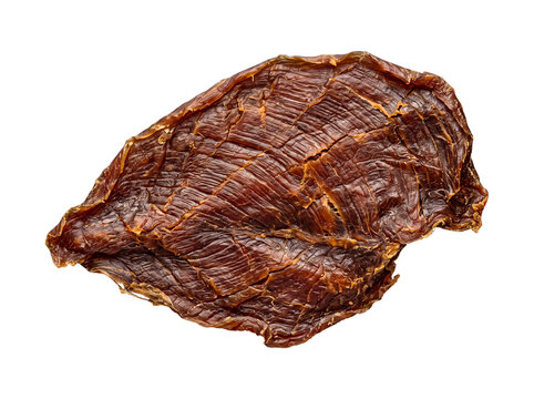 A single, flat piece of chewy, savory beef jerky with rich texture on a transparent background.