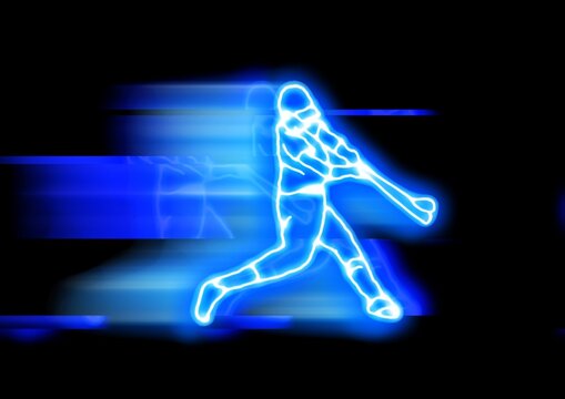 ネオンラインで描かれた野球選手のスイングと躍動感のある光の抽象的な背景