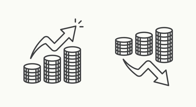A flat illustration coin stack growth and decline icons a flat illustration